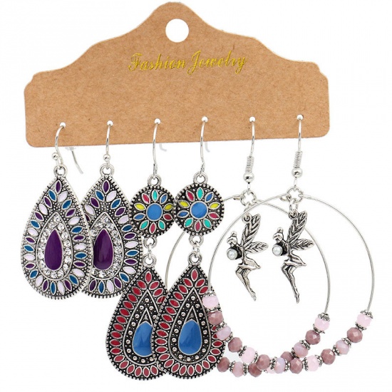 Picture of Boho Chic Bohemia Earrings Antique Silver Color Multicolor Circle Ring Drop Clear Rhinestone Enamel 67mm, 1 Set ( 3 Pairs/Set)