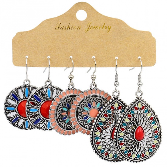 Picture of Boho Chic Bohemia Earrings Multicolor Round Drop Enamel 59mm, 1 Set ( 3 Pairs/Set)