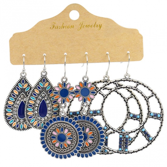 Picture of Boho Chic Bohemia Earrings Multicolor Round Drop Clear Rhinestone Enamel 64mm, 1 Set ( 3 Pairs/Set)