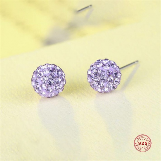 Picture of Sterling Silver Ear Post Stud Earrings Silver Color Ball Purple Cubic Zirconia 8mm Dia., 1 Pair