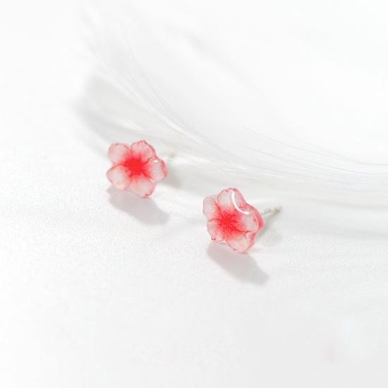 Picture of Sterling Silver Ear Post Stud Earrings Pink Peach Blossom Flower 9mm x 7mm, 1 Pair