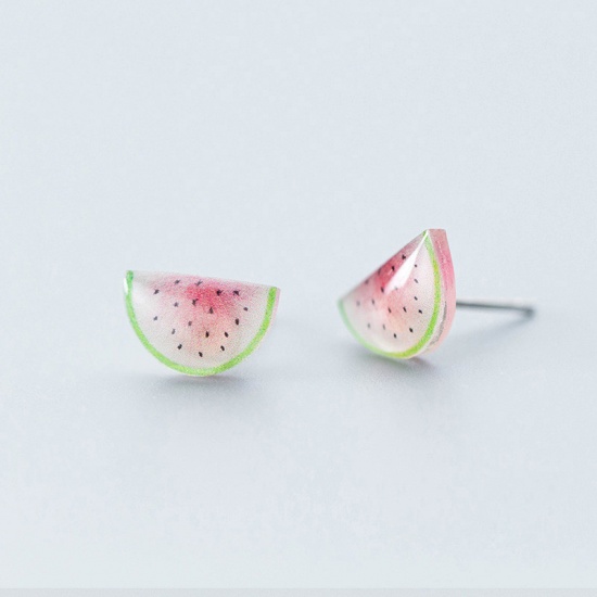 Picture of Sterling Silver Ear Post Stud Earrings Light Pink Watermelon Fruit 10mm x 7mm, 1 Pair