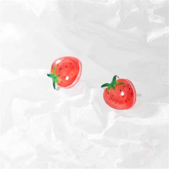 Picture of Sterling Silver Ear Post Stud Earrings Red Strawberry Fruit 8mm, 1 Pair