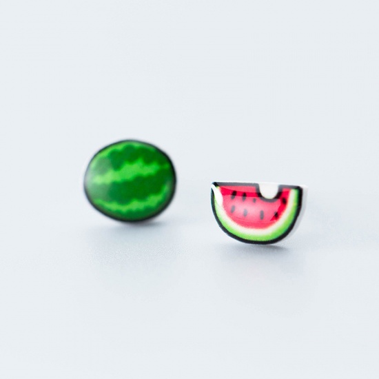 Picture of Sterling Silver Ear Post Stud Earrings Green Watermelon Fruit 9mm x 8mm, 1 Pair