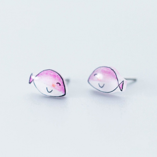 Picture of Sterling Silver Ocean Jewelry Ear Post Stud Earrings Mauve Fish Animal 11mm x 7mm, 1 Pair