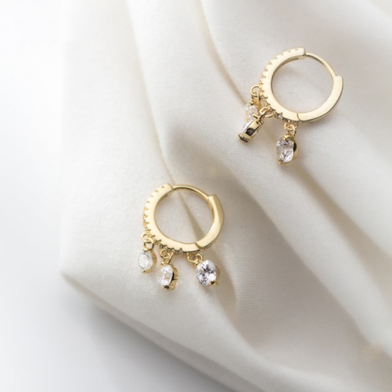 Picture of Sterling Silver Hoop Earrings Gold Plated Clear Rhinestone 20mm, 1 Pair