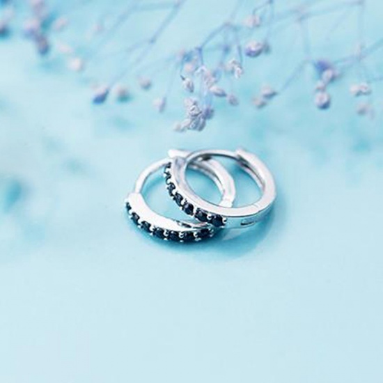 Picture of Sterling Silver Hoop Earrings Silver Color Circle Ring Black Rhinestone 8mm Dia., 1 Pair