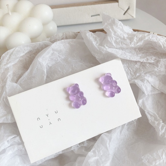 Picture of Plastic Ear Post Stud Earrings Purple Jelly Bear Animal 1 Pair