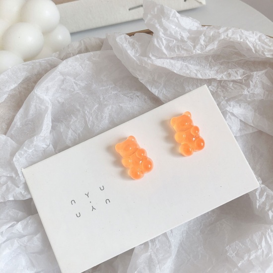 Picture of Plastic Ear Post Stud Earrings Orange Jelly Bear Animal 1 Pair