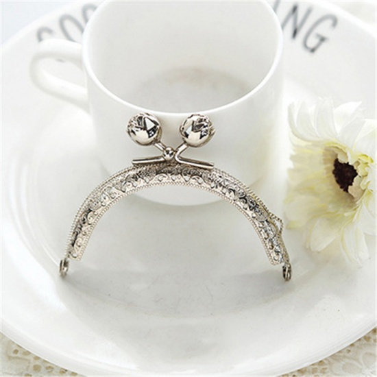 Picture of Zinc Based Alloy Kiss Clasp Purse Frame Handles Rose Flower Silver Plated 8.5cm, 1 Piece
