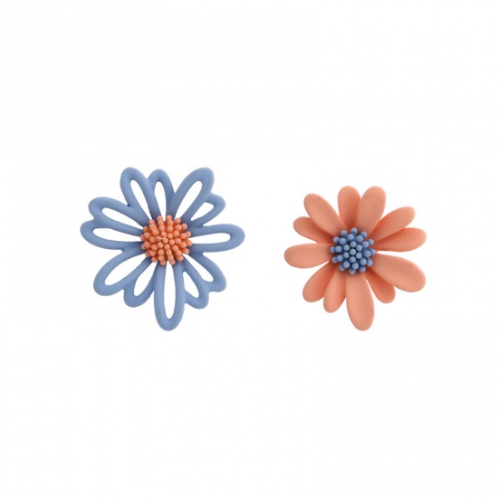 Picture of Sterling Silver Ear Post Stud Earrings Blue & Orange Daisy Flower Painting 21mm - 18mm Dia., 1 Pair