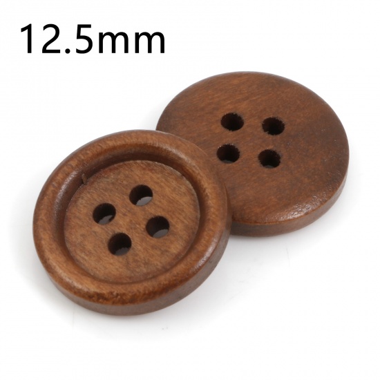 Picture of Wood Sewing Buttons Scrapbooking 4 Holes Round Coffee 12.5mm Dia., 100 PCs