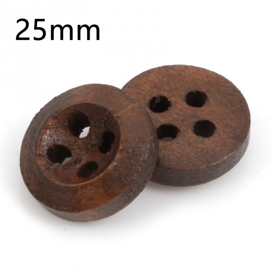 Picture of Wood Sewing Buttons Scrapbooking 4 Holes Round Coffee 25mm Dia., 100 PCs