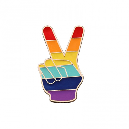 Picture of Pin Brooches Hand Sign Gesture Multicolor Enamel 33mm x 19mm, 1 Piece