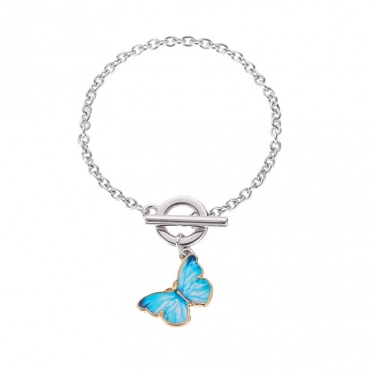 Picture of Bracelets Silver Tone Lake Blue Butterfly Animal 16.5cm(6 4/8") long, 1 Piece