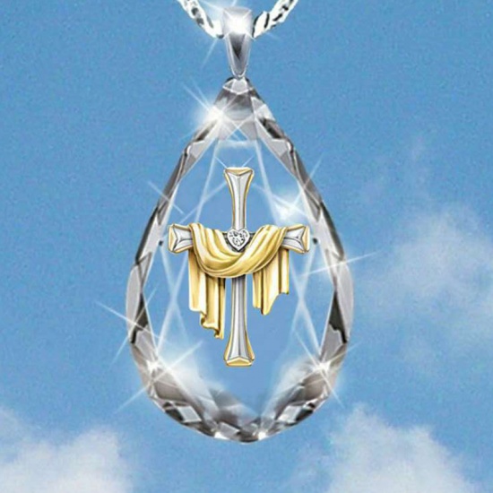 Picture of Necklace Gold Plated & Silver Tone Transparent Clear Cross 42cm(16 4/8") long, 1 Piece