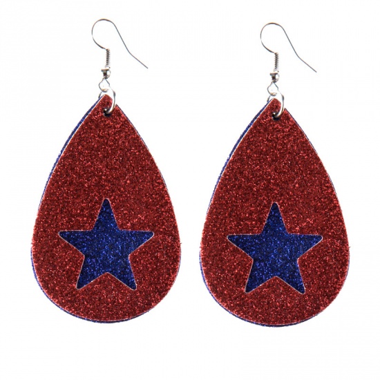 Picture of American Independence Day Earrings Red & Blue Drop Pentagram Star Sequins 70mm x 40mm, 1 Pair
