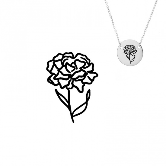 Picture of 316L Stainless Steel Birth Month Flower Necklace Silver Tone January Carnation Flower 42cm(16 4/8") long, 1 Piece