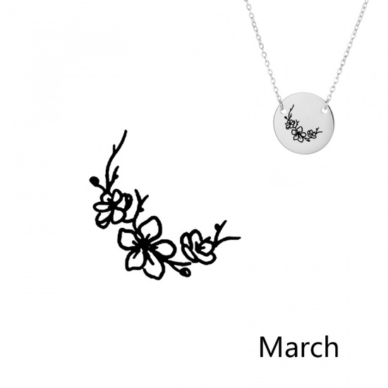 Picture of 316L Stainless Steel Birth Month Flower Necklace Silver Tone March Cherry Blossom Sakura Flower 42cm(16 4/8") long, 1 Piece