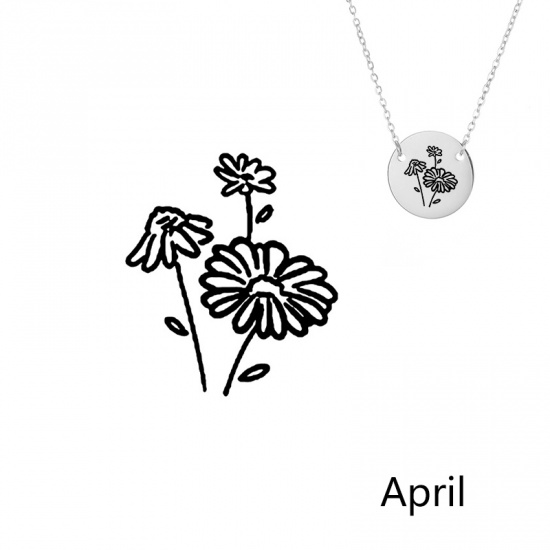 Picture of 316L Stainless Steel Birth Month Flower Necklace Silver Tone April Daisy Flower 42cm(16 4/8") long, 1 Piece