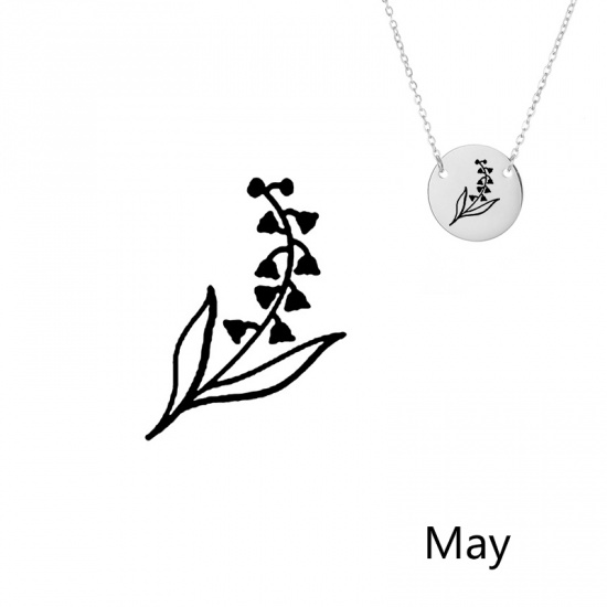 Picture of 316L Stainless Steel Birth Month Flower Necklace Silver Tone May Lily of the Valley Flower 42cm(16 4/8") long, 1 Piece