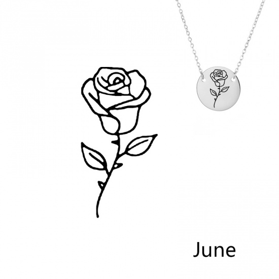 Picture of 316L Stainless Steel Birth Month Flower Necklace Silver Tone June Rose Flower 42cm(16 4/8") long, 1 Piece
