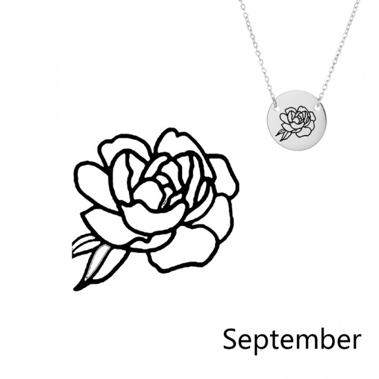 Picture of 316L Stainless Steel Birth Month Flower Necklace Silver Tone September Peony Flower 42cm(16 4/8") long, 1 Piece