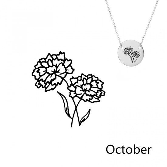 Picture of 316L Stainless Steel Birth Month Flower Necklace Silver Tone October Marigold Flower 42cm(16 4/8") long, 1 Piece