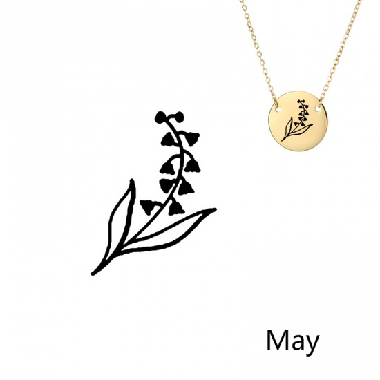 Picture of 316L Stainless Steel Birth Month Flower Necklace Gold Plated May Lily of the Valley Flower 42cm(16 4/8") long, 1 Piece