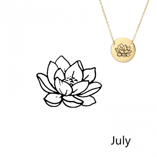 Picture of 316L Stainless Steel Birth Month Flower Necklace Gold Plated July Lotus Flower 42cm(16 4/8") long, 1 Piece
