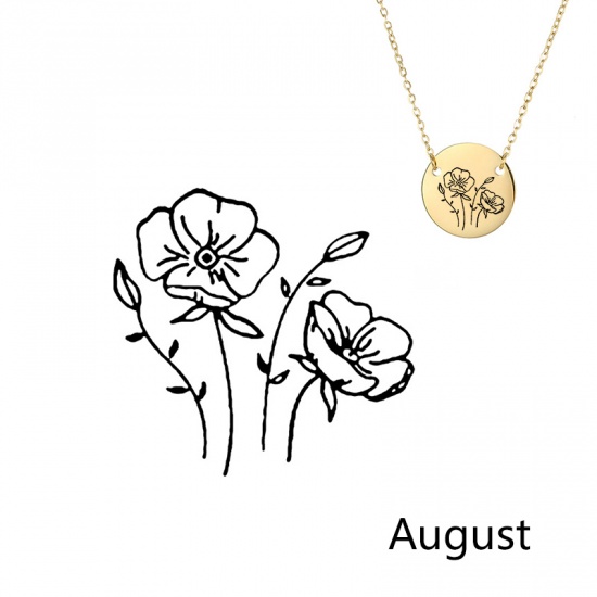 Picture of 316L Stainless Steel Birth Month Flower Necklace Gold Plated August Poppy Flower 42cm(16 4/8") long, 1 Piece