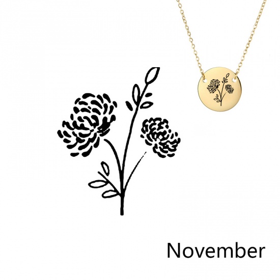 Picture of 316L Stainless Steel Birth Month Flower Necklace Gold Plated November Chrysanthemum Flower 42cm(16 4/8") long, 1 Piece