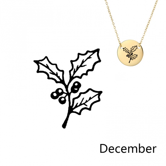 Picture of 316L Stainless Steel Birth Month Flower Necklace Gold Plated December Christmas Holly Leaf 42cm(16 4/8") long, 1 Piece