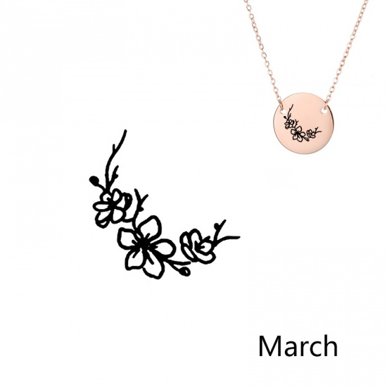 Picture of 316L Stainless Steel Birth Month Flower Necklace Rose Gold March Cherry Blossom Sakura Flower 42cm(16 4/8") long, 1 Piece