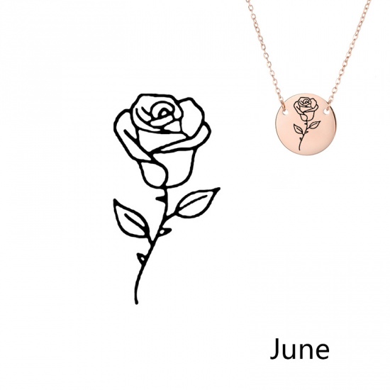 Picture of 316L Stainless Steel Birth Month Flower Necklace Rose Gold June Rose Flower 42cm(16 4/8") long, 1 Piece
