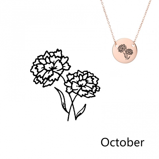 Picture of 316L Stainless Steel Birth Month Flower Necklace Rose Gold October Marigold Flower 42cm(16 4/8") long, 1 Piece