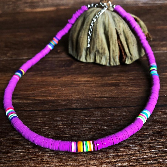 Picture of Polymer Clay Boho Chic Bohemia Katsuki Beaded Necklace Purple 40cm(15 6/8") long, 1 Piece