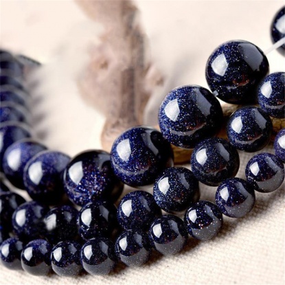 Picture of Blue Sand Stone ( Natural ) Beads Round Blue Black About 10mm Dia., 1 Strand (Approx 38 PCs/Strand)