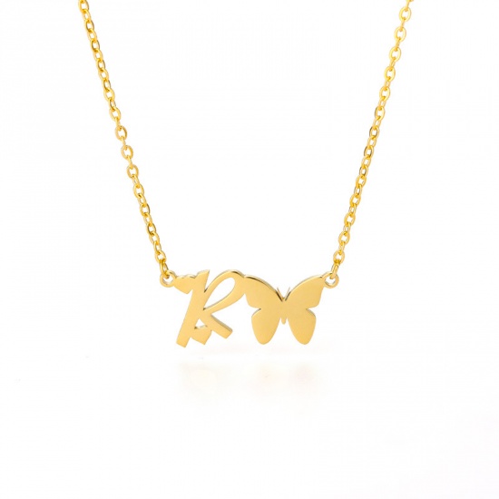 Picture of Stainless Steel Insect Necklace Gold Plated Butterfly Animal Initial Alphabet/ Capital Letter Message " R " 45cm(17 6/8") long, 1 Piece