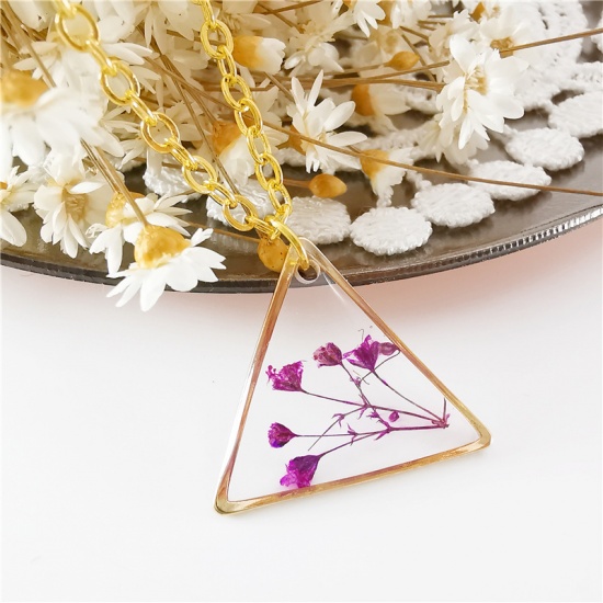 Imagen de Artesanial Resina Flor Real Collares Chapado en Oro Púrpura Triángulo 45cm longitud, 1 Unidad