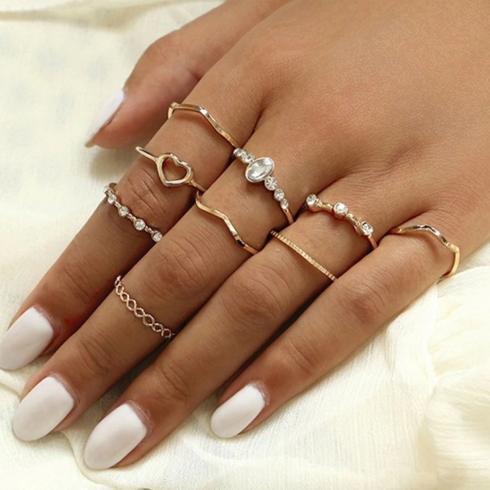 Picture of Knuckle Band Midi Rings Gold Plated Heart Clear Rhinestone 1 Set ( 9 PCs/Set)