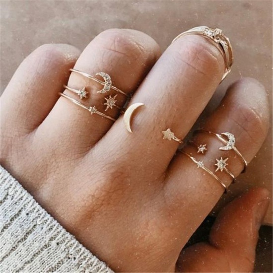 Picture of Galaxy Knuckle Band Midi Rings Gold Plated Half Moon Star Clear Rhinestone 1 Set ( 7 PCs/Set)