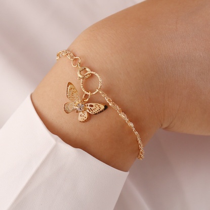 Picture of Bracelets Gold Plated Butterfly Animal Clear Rhinestone 17cm(6 6/8") long, 1 Piece