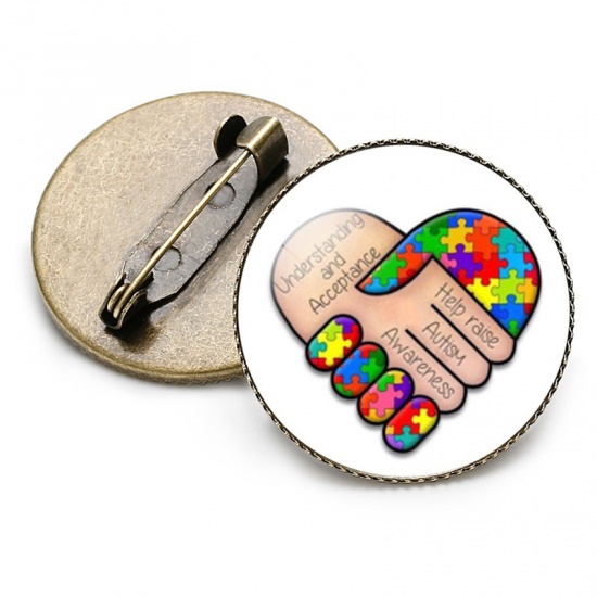 Image de Broche Epingle Geste de la Main Pièce de Puzzle de Sensibilisation à l'Autisme Multicolore 25mm Dia., 1 Pièce