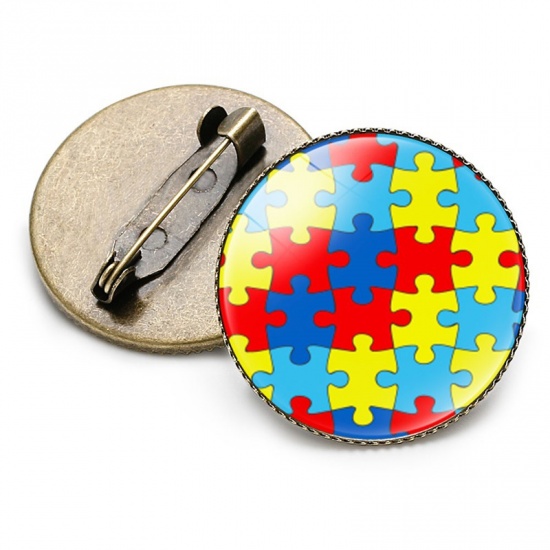 Image de Broche Epingle Rond Pièce de Puzzle de Sensibilisation à l'Autisme Multicolore 25mm Dia., 1 Pièce