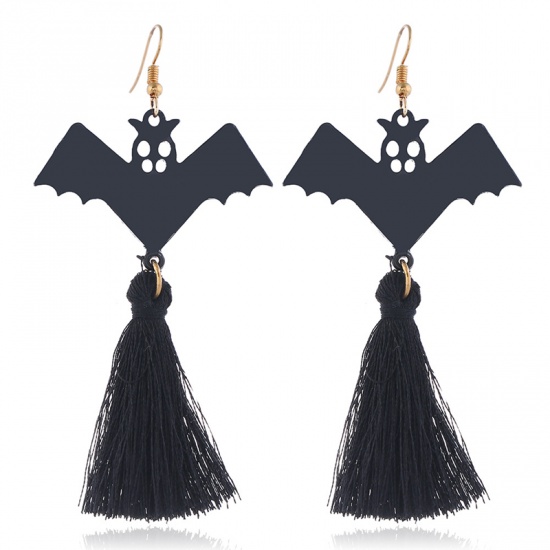 Image de Boucles d'Oreilles Noir Chauve-souris Halloween Franges 90mm, 1 Paire