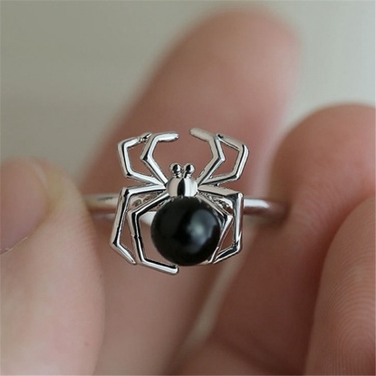 Bild von Uneinstellbar Ring Silberfarbe Schwarz Halloween Spinne 16.5mm（US Größe:6), 1 Stück