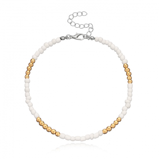 Picture of Acrylic Boho Chic Bohemia Beaded Anklet Gold Plated White Round 21.5cm(8 4/8") long, 1 Piece