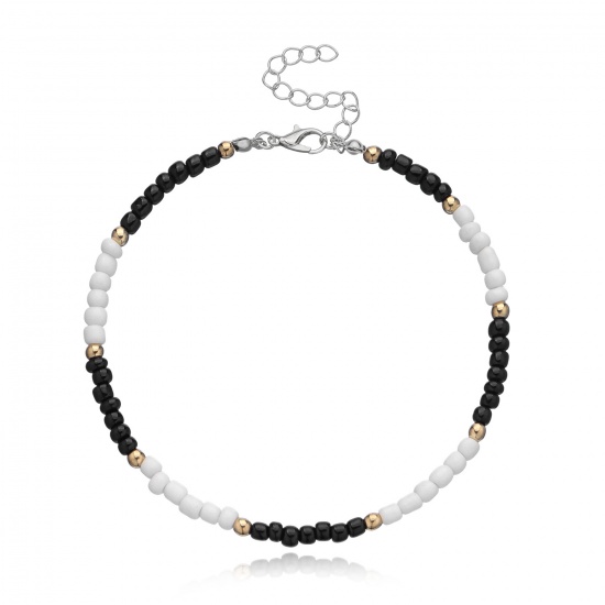 Picture of Acrylic Boho Chic Bohemia Beaded Anklet Black & White Round 21.5cm(8 4/8") long, 1 Piece