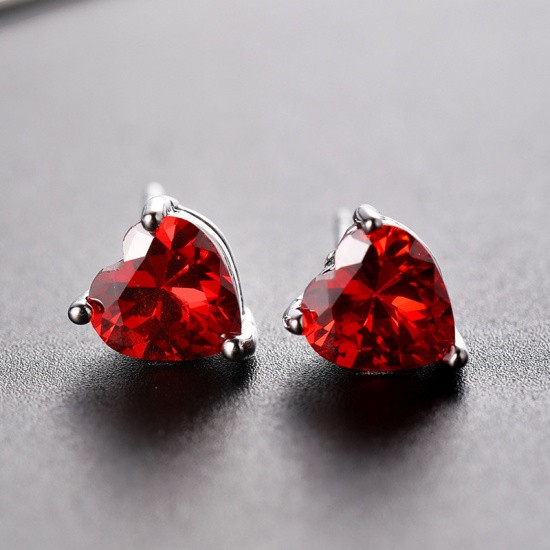 Picture of Copper Birthstone Ear Post Stud Earrings Silver Tone Heart January Red Cubic Zirconia 17mm x 7mm, 1 Pair